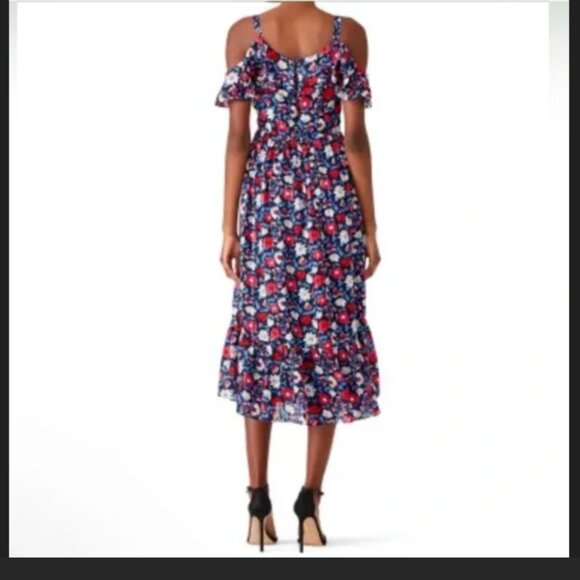 Kate Spade New York Navy Daisy Cutout Shoulder Silk Midi Dress Sz 2 EUC - Picture 2 of 10